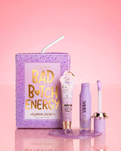 Purppura P.Louise kristalli glitter bad bitch energy huuliduo sateenkaarisherbetissä, jossa on kiiltävä huuliöljy ja huulihoitoaine