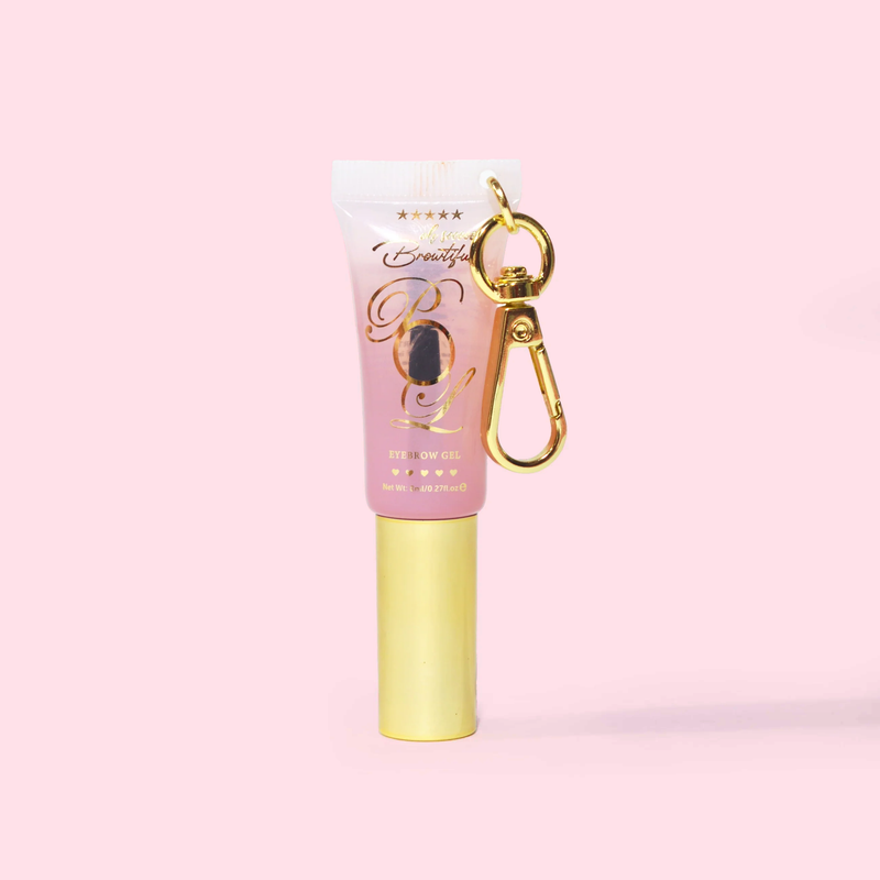 P.Louise Babyccino Keychain -avainnipun miniputki kirkasta Eyebrow Gel -geeliä vaaleanpunaisella taustalla