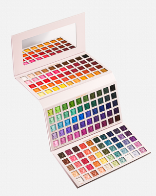 An open P.Louise Creative Comeback XXXL Rainbow Eyeshadow Palette displaying 150 colourful eyeshadows
