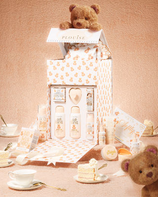 P.Louise Get Unteddy With Me Full Collection PR Box Gift Set with teddy bears and tea on a beige background