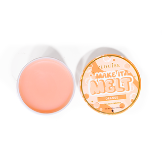 Open tub of P. Louise Make It Melt Makeup Cleansing Balm in orange scent on blue background