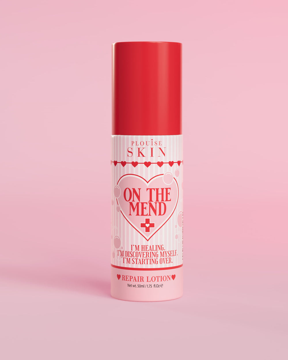 Vaaleanpunainen ja punainen pullo P.Louise On The Mend Skin Barrier Repair Lotion -voidetta 