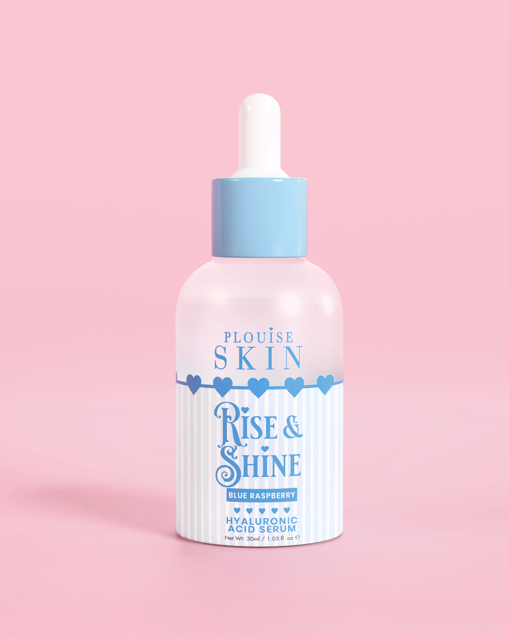 Sinivalkoinen pullo PLouise Rise and Shine Hyaluronic Serumia sinisessä vadelmassa