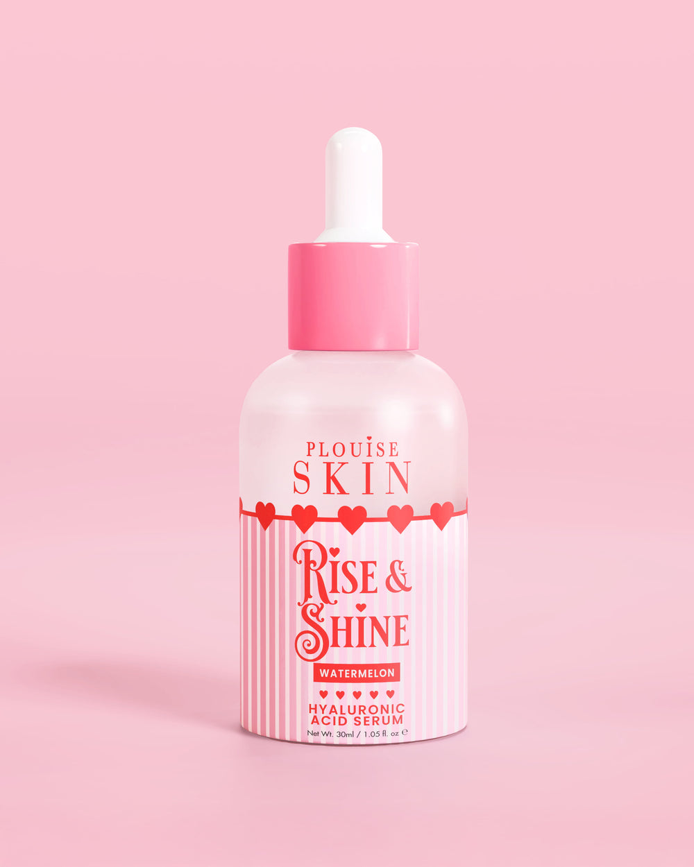 Vaaleanpunainen punainen ja valkoinen pullo P.Louise Rise & Shine Hyaluronic Acid -seerumia vesimelonissa