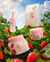 P.Louise Strawberry Obsessed For Less Double Cleanse & Moisturise Skincare Set ruohokukkulalla mansikoiden ympäröimänä