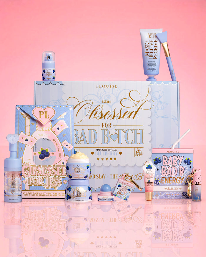 P.Louise Obsessed For Bad Bitch Bundle -paketin tuotteet ja pakkaus vaaleanpunaista taustaa vasten 