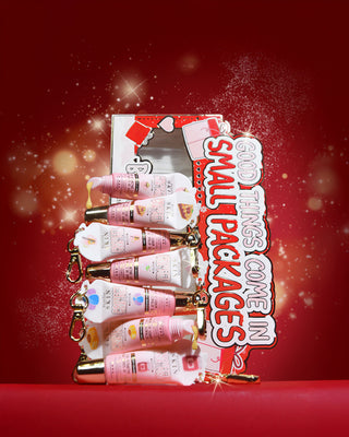 Setti "Kaikki hyvät asiat tulevat pienissä pakkauksissa" minihuulihoitoaineen lahjasetti punaisella pohjalla