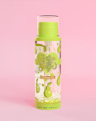 A bottle of P. Louise Just A Swipe pear scented micellar water with pear designs on the bottle on a light pink background