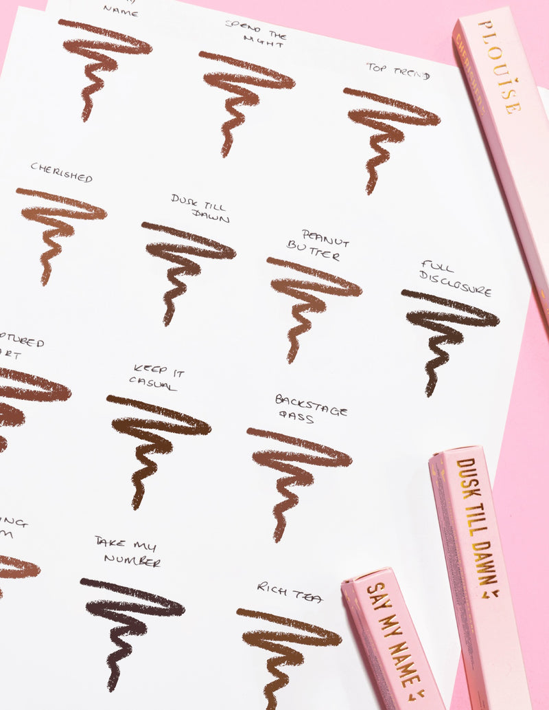 Kuva paperinpalasta, jossa on kirjoituksia, joissa näkyy jokainen P.Louise Ultimate Definition Sharpenable Lip Liner -sävy ja nimi