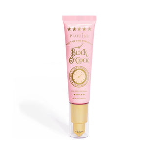 A single tube of P.Louise Block O'Clock Pore Perfecting Blurring Primer that blurs pores in a pink tube and gold design on a white background